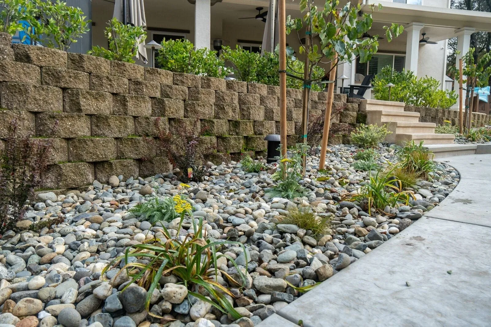 Tiered block retaining wall with cap stones and planted beds in a Sacramento backyard