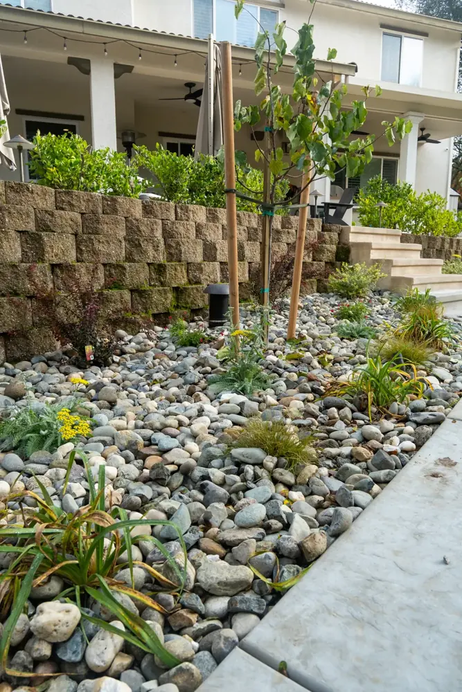 Tiered block retaining wall with new plantings and river rock, built by Stuteville Landscaping